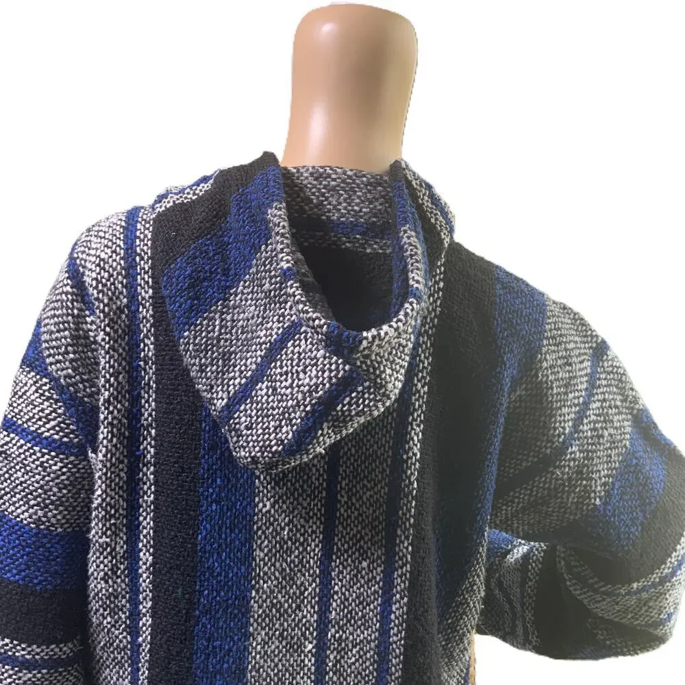 Roxy Blue Striped Hooded Drawstring Baja Sweater Indie Aesthetic Unisex Size Med